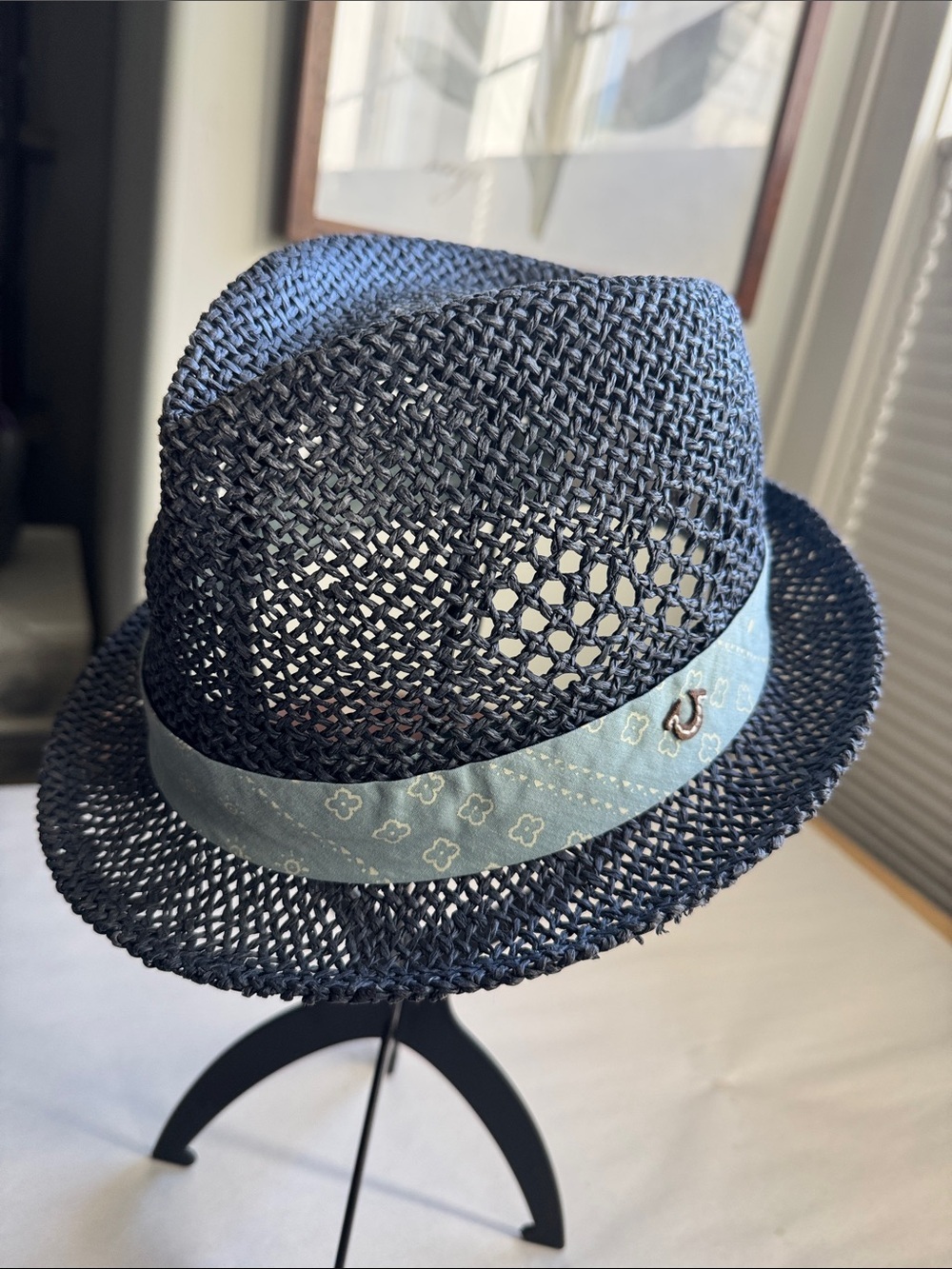 True Religion Fedora Straw Hat Mens S/M Navy blue banded paper Beach coastal